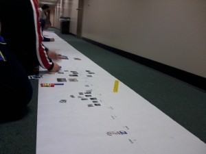 Students constructing a scaled historic timeline.